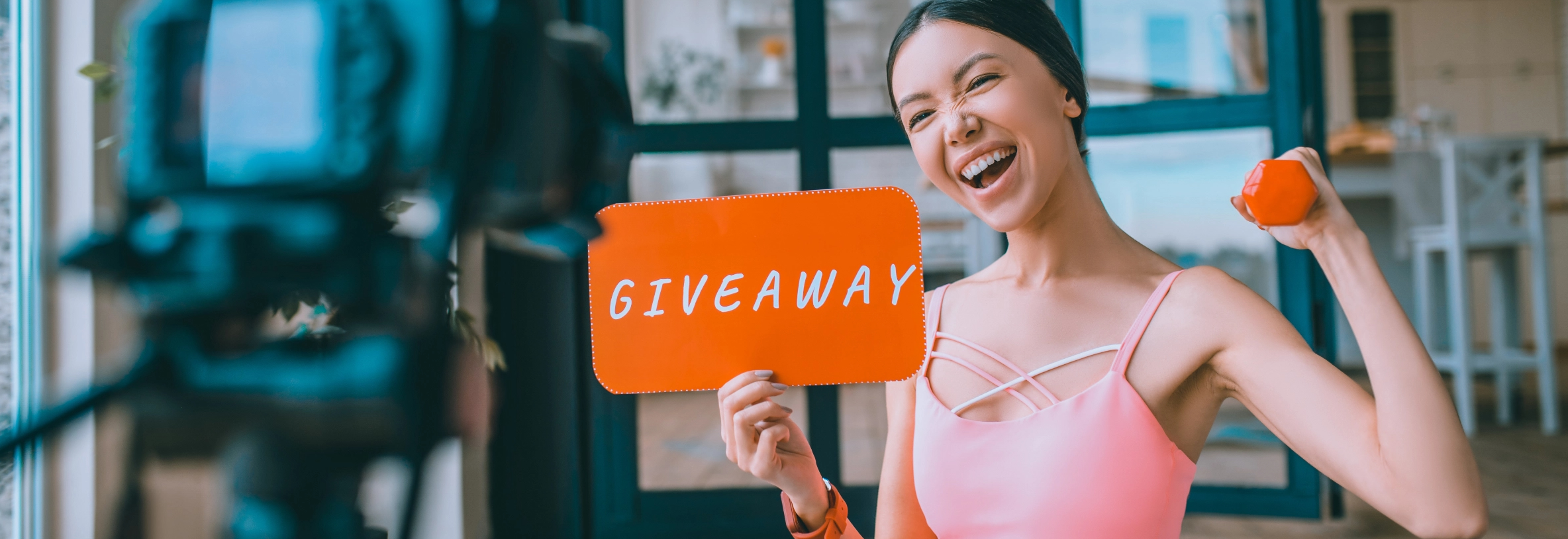 fitness blogger making giveaway presenting orange