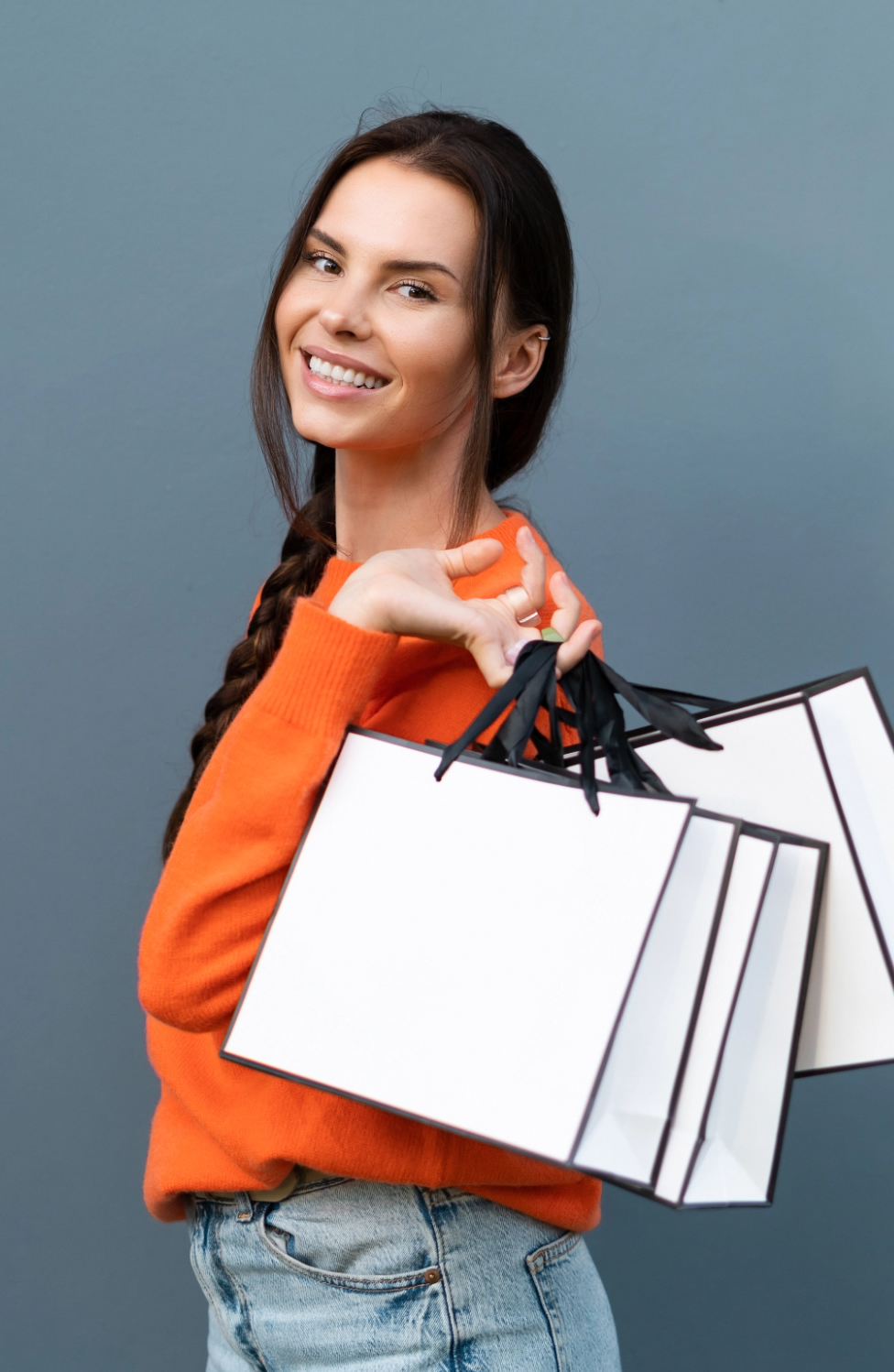 stylish woman orange sweater tall